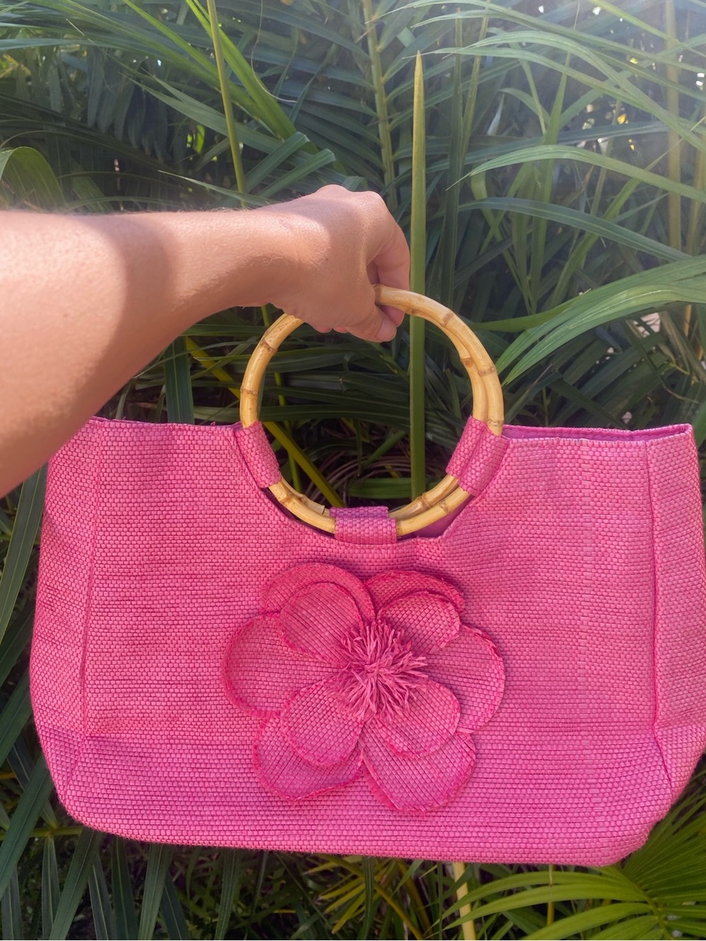 Pink Floral Straw Tote with Bamboo Handles and Flower Appliqué
